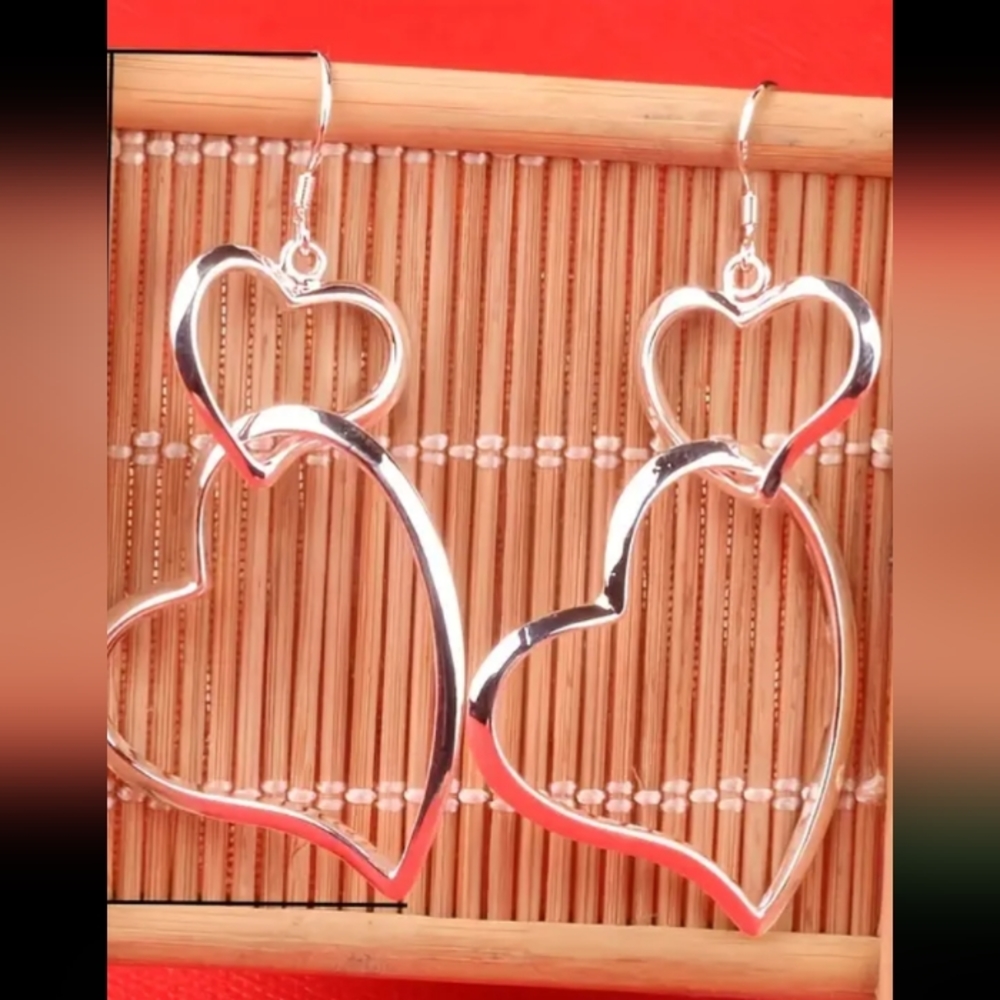 STERLING DOUBLE HEART DANGLE EARRING ONE AND A HALF INCH